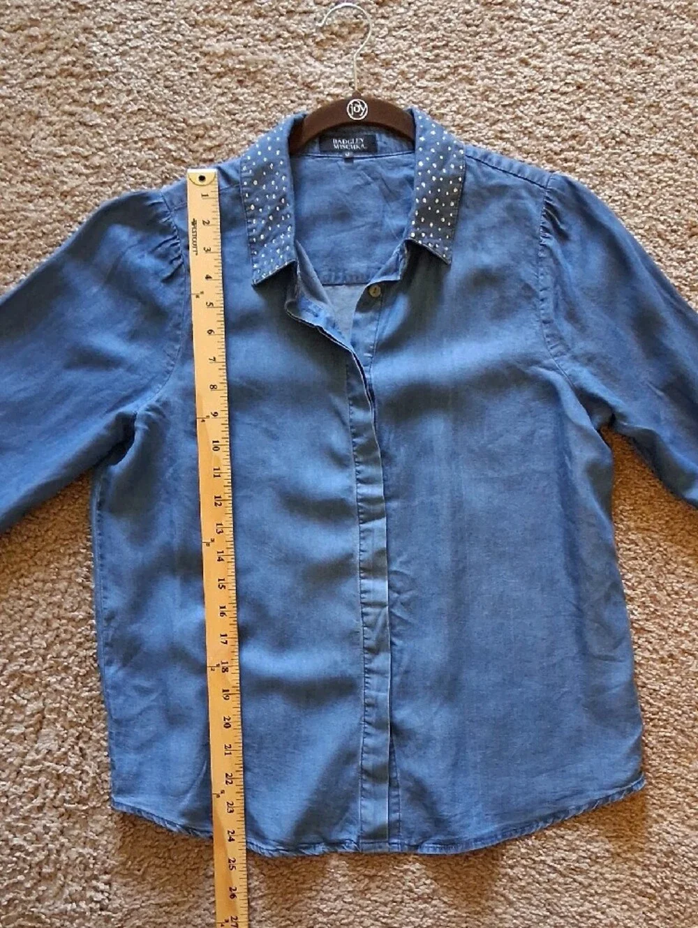 Badgley Mischka Blue Denim Button-Front Blouse + Embellished Rhinestone Collar - Picture 7 of 9